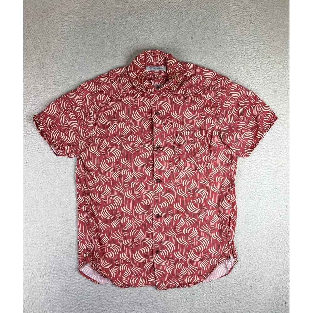 Outerknown Shirt Mens Medium Red Geometric Lyocell‎ Linen Short Sleeve Button Up